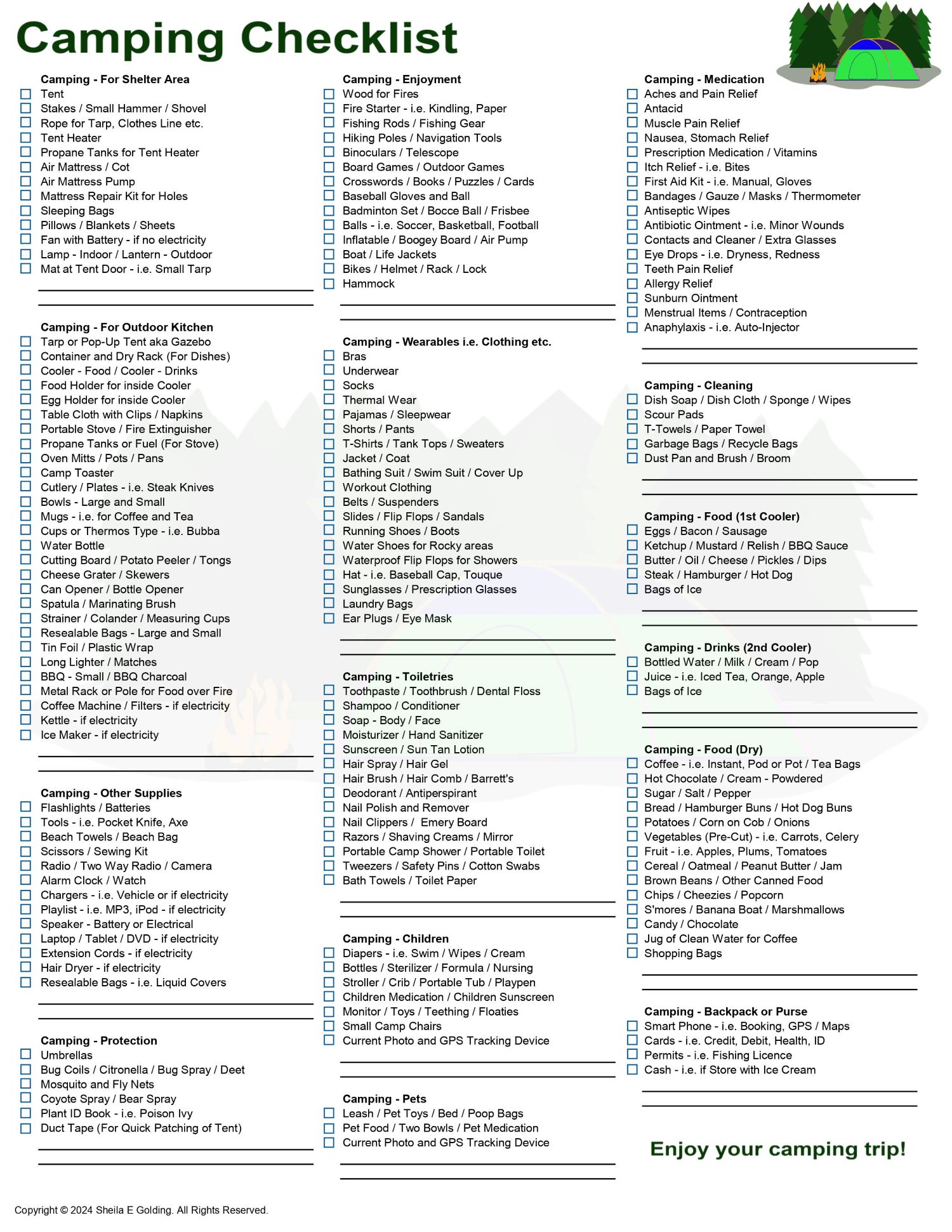 Camping checklist a detailed