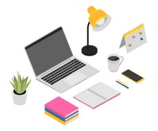 Contact Page - Desk with Laptop, Lamp, Calendar, Coffee, Smartphone, Plant and Books